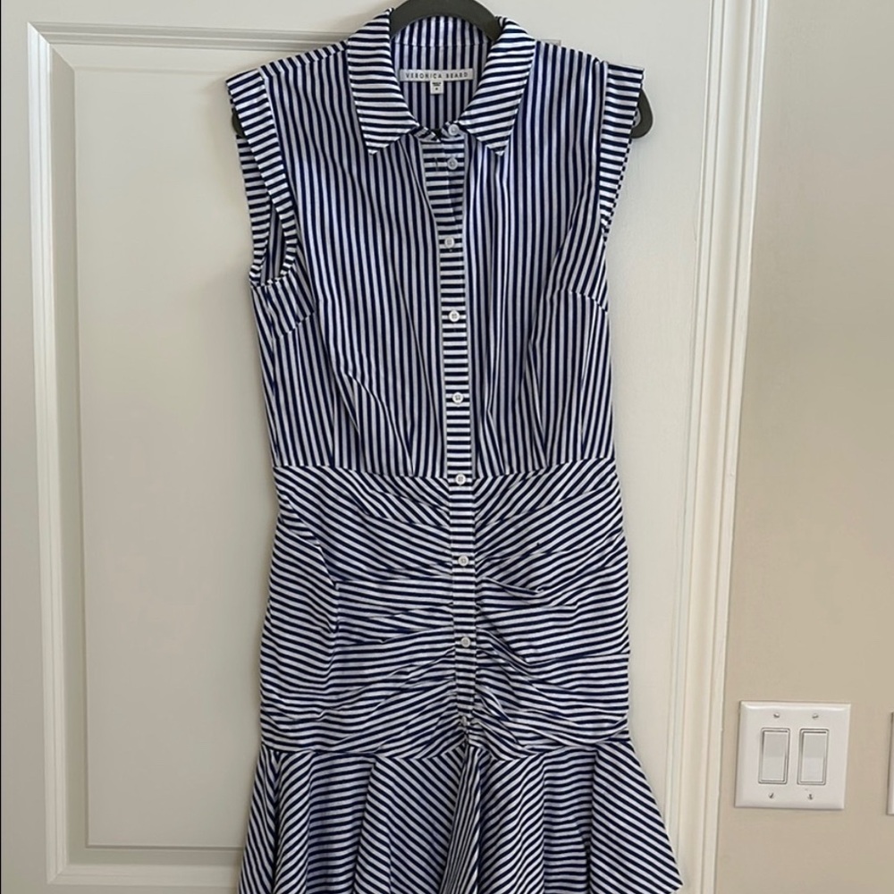 Veronica Beard Blue and White Ruched Midi Dress